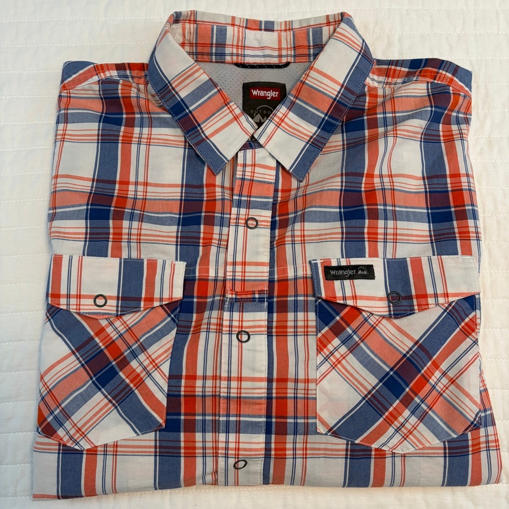 Wrangler Red Orange Blue Plaid Short Sleeve Snap Front Utility Shirt Mens XL